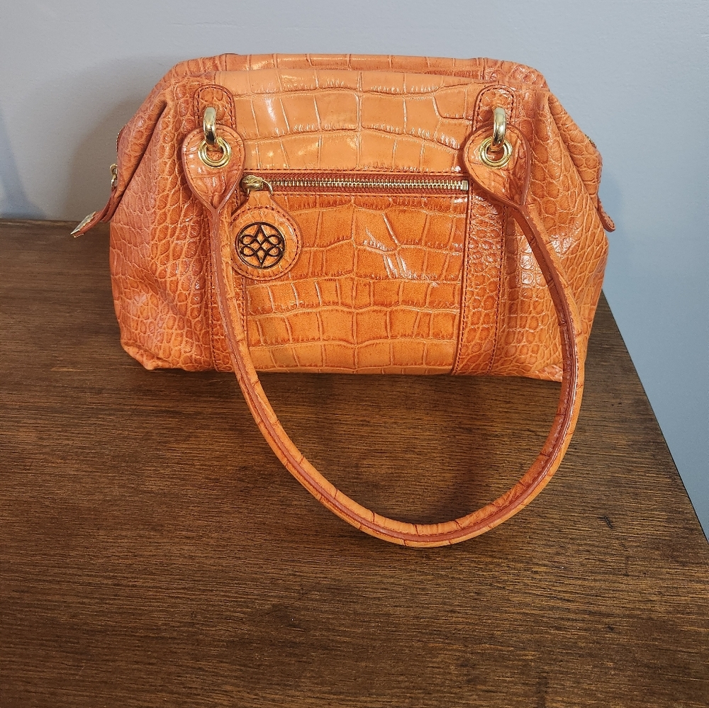Antonio Melani 100% Cowhide Leather Mimi Satchel Croco Logo Orange Outer/ Yellow